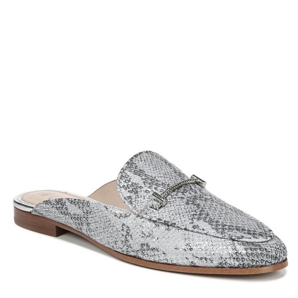 SAM EDELMAN Leather Laurna Silver Snake Reptile Print Horsebit Mules Size 8.